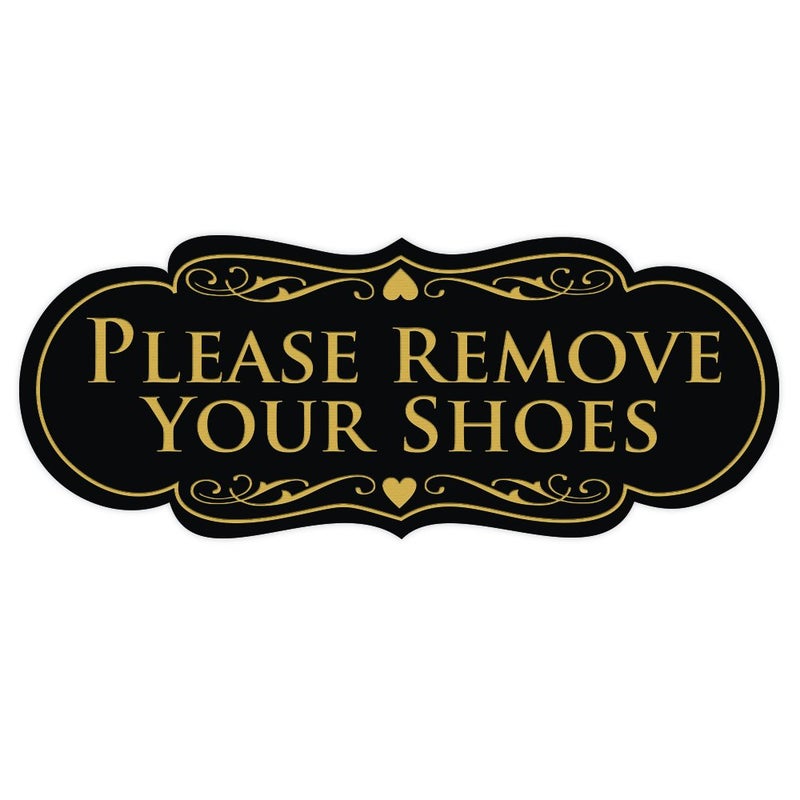 All Quality Designer Please Remove Your Shoes Wall or Door Sign - No Shoes Signage | Easy Installation - Black/Gold - Medium (1 Pack) - Image 1